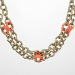 J.Crew Gold Tone Link Necklace | Coral Orange Enamel Accents | Classic Preppy